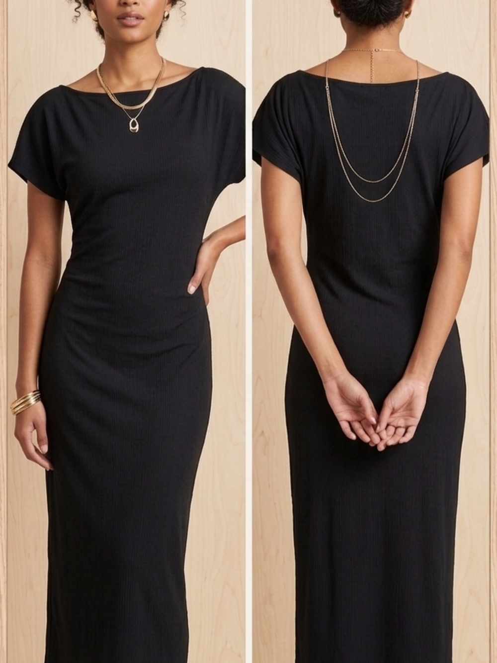 Elegant Black Boatneck Ribbed Maxi Dress - Women